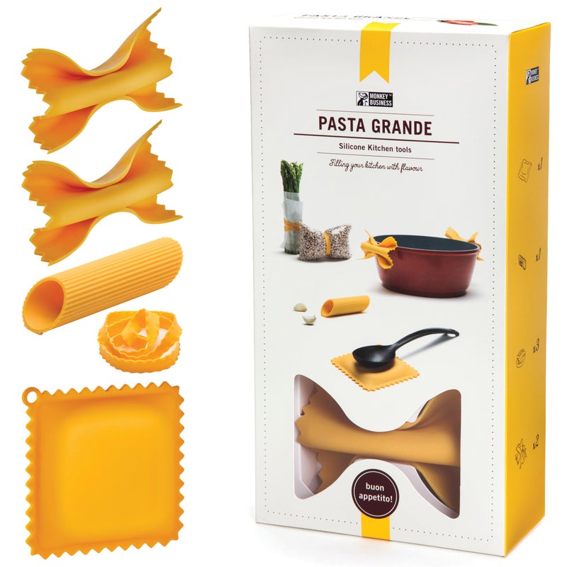 Monkey Business Pasta Grande - Fun Pasta Shaped Silicone Kitchen Tools in a Gift Box / 4 of our Pasta-shaped kitchen gadgets in one festive giftbox/Farfalloni, Ravioli, Penneli & Mafaldine/by Monkey Business - Image 1